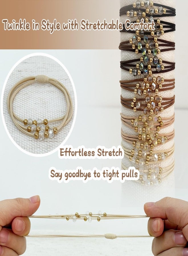 UDeBe 10pcs Brown Hair Ties with Gold & Crystal Beads, Thin Elastic Ponytail Holders for Women, No Damage, Stylish Hair Accessories - Image 4